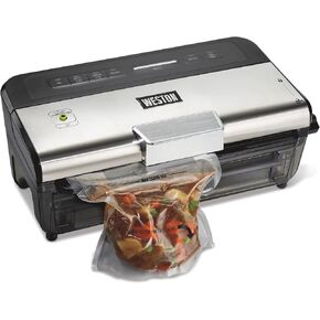 WESTON BRANDS Liquid & Dry Vacuum Sealer Machine With Date Code Stamp, Built-In Cutter, Pulse Button, Includes 2 Rolls + 6 Easy-Fill Bags, Black (65-1641-W)