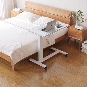 TigerDad Hospital Bed Table with Wheels, Adjustable Height Bedside Table Over Bed Desk Overbed Table Mobile Laptop Table for Bed Laptop Stand for Couch Hand Crank