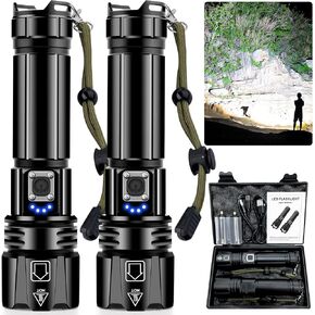 ANKRA Rechargeable Flashlight High Lumens with Waterproof Box, Powerful LED Flashlight XHP70.2 with 5 Modes & Zoomable & IPX7 Waterproof, Tactical Flashlight for Camping, Hiking, Emergencies(2 Pack)