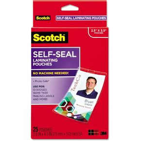 Scotch LS852G Self-Sealing Laminating Pouches w/Clip, 12.5 mil, 2 15/16 x 4 1/16, 25/Pack