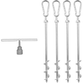 Ground Anchors Screw in with Heavy Duty Swing Carabiners - 12" Set of 4 with Drill Bit - Earth Anchors - Ground Stakes Heavy Duty - Swing Set Anchors - Tent Stakes for Camping - Awning Canopy Anchor