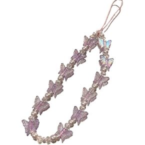 Cell Phone Lanyard Strap,Colorful Butterfly Imitation Pearl Beaded Phone Lanyard Wrist Strap Y2K Beaded Phone Charm Cute Phone Chain Mobile Phone Decoration Keychain for Women Girl,Blue