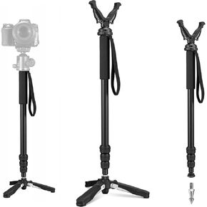 Shooting Stick Monopod Hunting Tripod with Rotatable Removable Rubber Yoke Adjustable Shooting Pole for Rifle Tripod with Tri-Stand Tripods Base, Rifle Stick Gun Tripod for Hunting (Black, 23-61.5")
