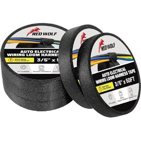 RED WOLF Wiring Harness Cloth Tape High Temp Self-Adhesive Fabric Tape for Automobile Electrical Harness Wrap Noise Damping Protection Insulation Cable Fixed Black, 5 Rolls 3/5 Inch x 50FT