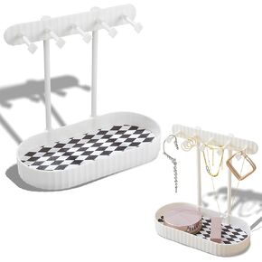 BXDOW Jewelry Organizer Stand, Necklaces Holder with Wooden Tray, Necklace Display Stand Jewelry Storage Hooks for Necklace, Bracelets, Earrings, Ring, Keys, Watches (White)