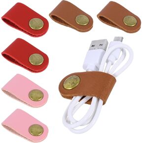 6 PCS Leather Cable Straps, Cable Organizer Travel Small Cable Ties Reusable Phone Cord Ties Wire Headphone Organizer for Desk Charging Power Cords Stocking Stuffers for Men (Brown)