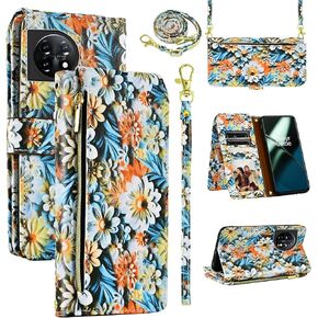 Wallet Case for OnePlus 11 5G with Wrist Strap Shoulder Strap, 9+ Card Slots Zipper Floral PU Leather Stand Card Holder Cell Phone Cover for One Plus11 1 Plus 1plus11 One+ 1+ Women Men Pink