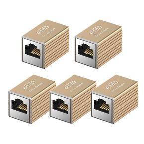 5 Pack RJ45 Coupler, Aluminum Alloy Shell, Ethernet Adapters Female to Female, 8-Pin Modular Straight Through Extender, Network Connectors for Cat8/Cat7/Cat6/Cat6a/Cat5e/Cat5 Ethernet Cable(Gold)
