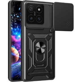 Ysnzaq Armor Case for Xiaomi 14T 5G, Military Grade Durable Shockproof Protective Phone Case with Kickstand & Slide Camera Lens Cover for Xiaomi 14T SJ Black