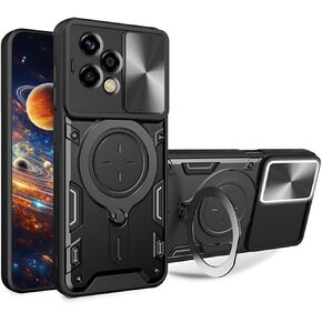 Ysnzaq Armor Case for Honor 200 Lite with Rotatable Kickstand, Military Grade Shockproof Protective Phone Case with Slide Camera Cover for Honor 200 Lite CQ Black