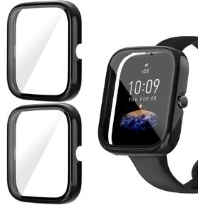 3 Pack Hard PC Case Compatible with Amazfit Bip 3 Pro Screen Protector,Cover with Tempered Glass Screen Protector Fit for Amazfit Bip 3/Bip 3 Pro Watch Case for Men Women (Black/Black/Black)