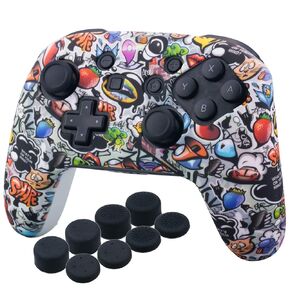 YoRHa Studded Silicone Transfer Print Cover Skin Case ONLY for Nitendo Official Switch Pro Controller x 1(Lovely Graffiti) with Pro Thumb Grips x 8