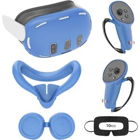 Relohas Deluxe 5 in 1 Silicone Accessories for Meta Quest 3, VR Protective Case Set for Oculus Quest 3, Controller Grip Cover, VR Shell Cover, Face Cover, Gifts for Christmas & Halloween (Light Blue)