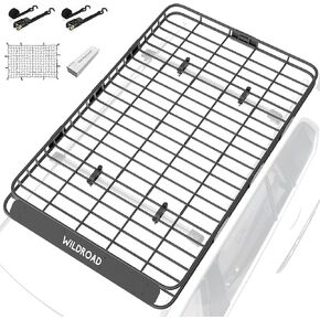Wildroad Roof Rack Cargo Basket, Upgraded 4" Fence Wide Car Roof Basket, 84"x 50"x 4" Universal Car Top Carrier Basket with Super Duty Bungee Cargo Net and Ratchet Straps Fits for SUV Truck Cars