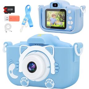 Upgrade Kids cat Camera,Gifts for Boys and Girls of Age 3-9, 1080P HD Digital Video Cameras for Toddler, 20M high -Definition Digital Camera, Suitable for Portable Toys with 32GB SD Card-Blue