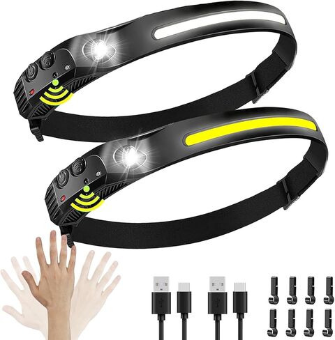 Headlamp Rechargeable 2PCS, 230°Wide Beam Head Lamp LED with Motion Sensor for Adults, IPX4 Waterproof Flashlight for Hiking, Running, Repairing, Fishing, Cycling, Outdoor Essentials in Saudi Arabia