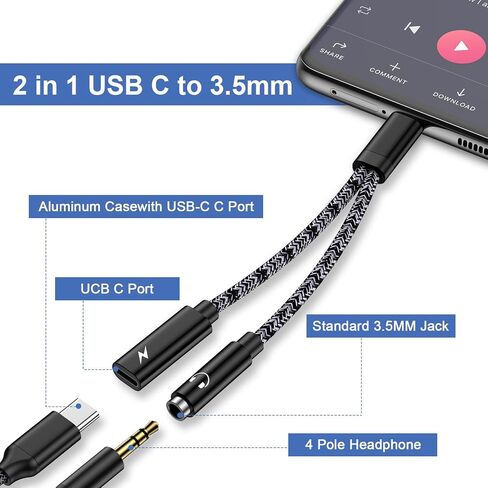 Samsung Galaxy S24 Ultra USB C to 3.5mm Audio Adapter USB C Headphone Jack Adapter Fast Charging for Samsung Galaxy S24FE S23 Ultra Plus S23FE A16 A54 A14 A13 A53 A03S,Pixel 9 8,with 20W Dongle Cable in Saudi Arabia
