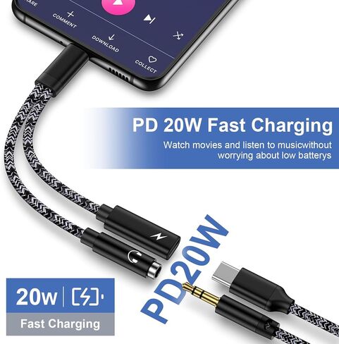 Samsung Galaxy S24 Ultra USB C to 3.5mm Audio Adapter USB C Headphone Jack Adapter Fast Charging for Samsung Galaxy S24FE S23 Ultra Plus S23FE A16 A54 A14 A13 A53 A03S,Pixel 9 8,with 20W Dongle Cable in Saudi Arabia