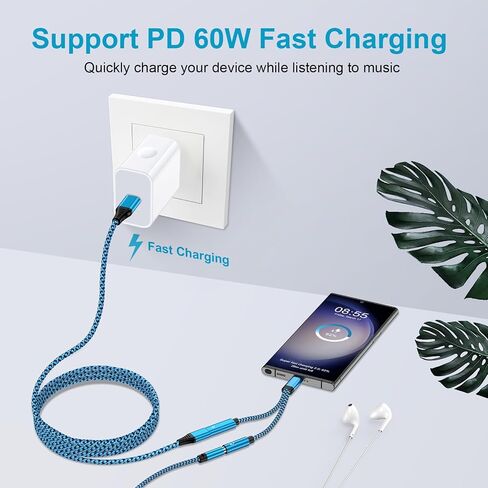 USB C Samsung Headphone and Charger Adapter, 2 in 1 USB Type C to 3.5mm Aux Audio Jack with 60W Fast Charging Dongle Cable Cord for Galaxy A16/A15/S24/A54/A14/A13/5G/S23/S22 Ultra,iPhone 16/15 Pro Max in Saudi Arabia