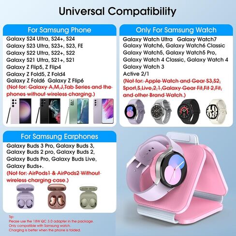 Pocket Wireless Charger for Samsung Android Phone, Fast Foldable Travel Wireless Charging Station Stand Compatible for Samsung Galaxy Watch 7/Buds Pro 3/for Samsung S24/S23 Ultra/S22/Z Flip 6/5 Fold 6 in Saudi Arabia