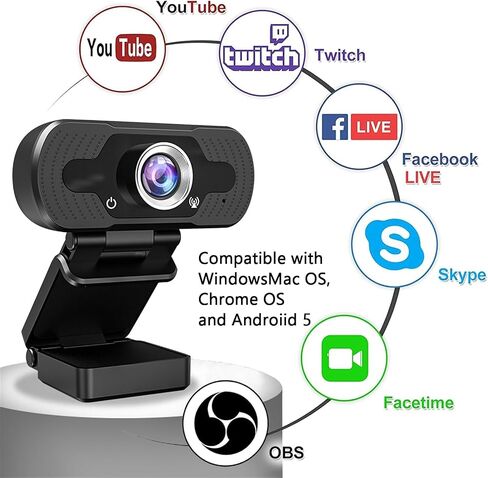 كاميرا ويب مع ميكروفون، مكالمات فيديو عريضة، توصيل وتشغيل USB، كاميرا كمبيوتر مع غطاء للخصوصية وحامل ثلاثي القوائم، تعمل مع الاتصال عبر الإنترنت، والألعاب، والمؤتمرات، والتكبير، وFaceTim (أسود) in Saudi Arabia
