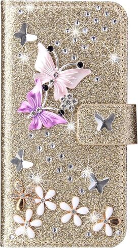 Losin Compatible with iPhone 16 Pro Max Wallet Case with Card Slots Luxury 3D Bling Glitter Diamond Rhinestones Butterfly Flowers Design for Women Girls Sparkle Shiny PU Leather Stand Kickstand Cover in Saudi Arabia