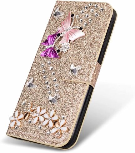 Losin Compatible with iPhone 16 Pro Max Wallet Case with Card Slots Luxury 3D Bling Glitter Diamond Rhinestones Butterfly Flowers Design for Women Girls Sparkle Shiny PU Leather Stand Kickstand Cover in Saudi Arabia