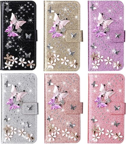 Losin Compatible with iPhone 16 Pro Max Wallet Case with Card Slots Luxury 3D Bling Glitter Diamond Rhinestones Butterfly Flowers Design for Women Girls Sparkle Shiny PU Leather Stand Kickstand Cover in Saudi Arabia