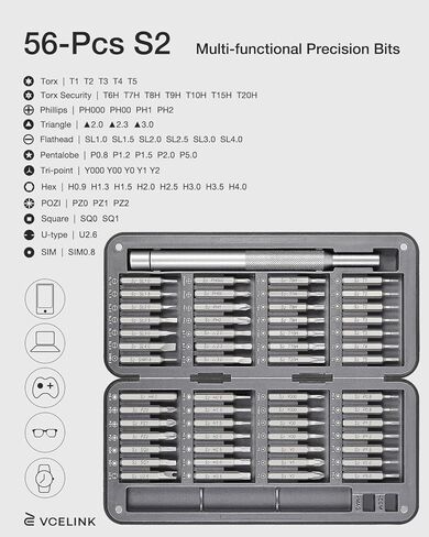 مجموعة مفك براغي دقيقة من VCELINK، 57 في 1 مع 56 قطعة S2 طقم لقم مفك مغناطيسي، مجموعة مفك براغي صغيرة للكمبيوتر والنظارات والساعة والنظارات الشمسية والهاتف والكمبيوتر المحمول ووحدة التحكم بالألعاب، أسود in Kuwait
