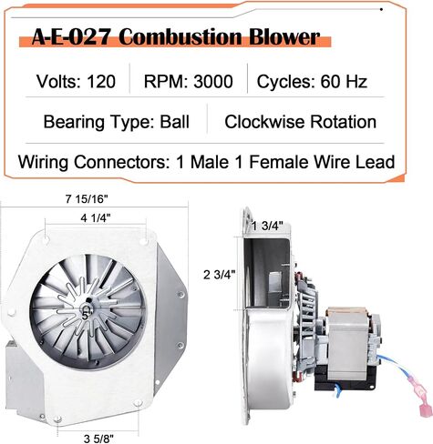 Hiorucet A-E-033 A-E-033A Convection Blower for Breckwell P24FS, P24I, P24, P23, P22, P26, P23I, P1000 Big E, P2700, SP6000, P7000, P6000, P4000, P2000 and US Stove 5040 Pellet Stove Replacement Parts in Kuwait
