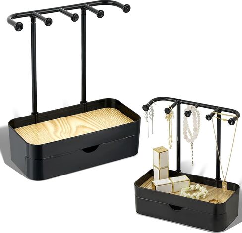 BXDOW Jewelry Organizer Stand, Necklaces Holder with Wooden Tray, Necklace Display Stand Jewelry Storage Hooks for Necklace, Bracelets, Earrings, Ring, Keys, Watches (White) in Kuwait