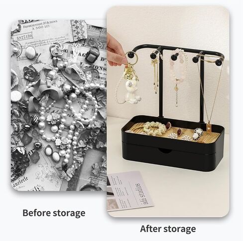 BXDOW Jewelry Organizer Stand, Necklaces Holder with Wooden Tray, Necklace Display Stand Jewelry Storage Hooks for Necklace, Bracelets, Earrings, Ring, Keys, Watches (White) in Kuwait