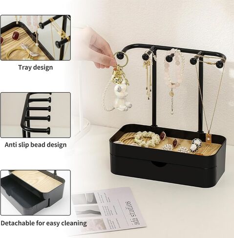BXDOW Jewelry Organizer Stand, Necklaces Holder with Wooden Tray, Necklace Display Stand Jewelry Storage Hooks for Necklace, Bracelets, Earrings, Ring, Keys, Watches (White) in Kuwait