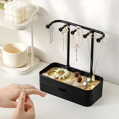 BXDOW Jewelry Organizer Stand, Necklaces Holder with Wooden Tray, Necklace Display Stand Jewelry Storage Hooks for Necklace, Bracelets, Earrings, Ring, Keys, Watches (White) in Kuwait
