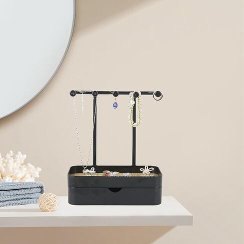BXDOW Jewelry Organizer Stand, Necklaces Holder with Wooden Tray, Necklace Display Stand Jewelry Storage Hooks for Necklace, Bracelets, Earrings, Ring, Keys, Watches (White) in Kuwait