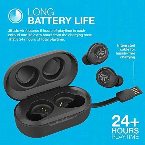 سماعات أذن JLab JBuds Air True Wireless Signature Bluetooth + علبة شحن، أسود، مقاومة العرق IP55، اتصال Bluetooth 5.0، توقيع 3 إعدادات صوت EQ، متوازن، تعزيز الجهير in Kuwait