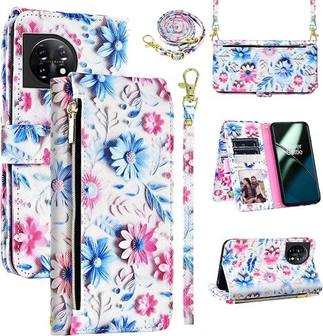 Wallet Case for OnePlus 11 5G with Wrist Strap Shoulder Strap, 9+ Card Slots Zipper Floral PU Leather Stand Card Holder Cell Phone Cover for One Plus11 1 Plus 1plus11 One+ 1+ Women Men Pink in Saudi Arabia