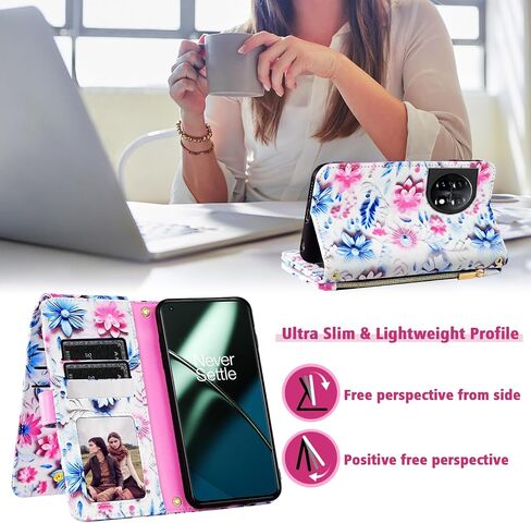 Wallet Case for OnePlus 11 5G with Wrist Strap Shoulder Strap, 9+ Card Slots Zipper Floral PU Leather Stand Card Holder Cell Phone Cover for One Plus11 1 Plus 1plus11 One+ 1+ Women Men Pink in Saudi Arabia