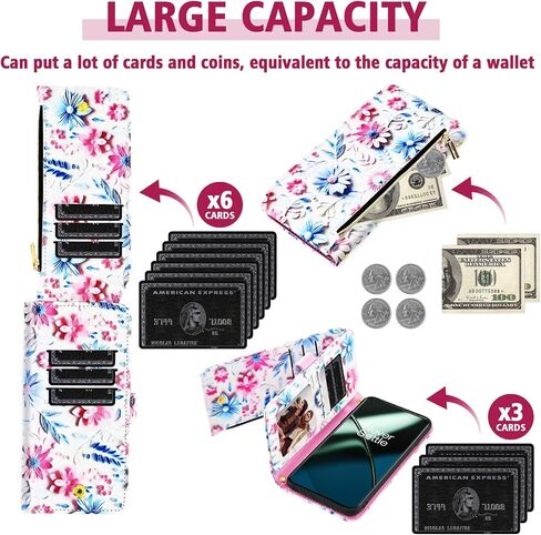 Wallet Case for OnePlus 11 5G with Wrist Strap Shoulder Strap, 9+ Card Slots Zipper Floral PU Leather Stand Card Holder Cell Phone Cover for One Plus11 1 Plus 1plus11 One+ 1+ Women Men Pink in Saudi Arabia