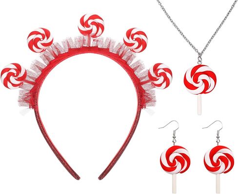 4 Piece Candy Costume Accessories Mini Top Hat Feathers Headband Sweet Rainbow Necklace Lollipop Earrings for Women Girls Photo Props Candy Theme Party Cosplay Outfit Accessories in Kuwait