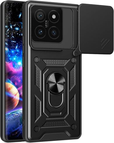 Ysnzaq Armor Case for Xiaomi 14T 5G, Military Grade Durable Shockproof Protective Phone Case with Kickstand & Slide Camera Lens Cover for Xiaomi 14T SJ Black in Saudi Arabia
