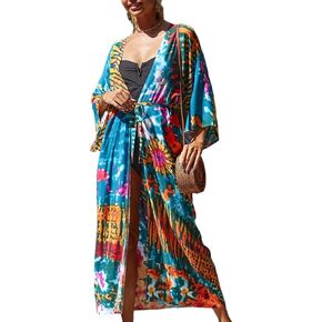 Women Long Beach Kimono Curve Hem Loose Open Front Tie Dye Bathing Suit Cover up