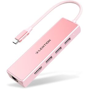 LENTION USB C Hub with a Gigabit Ethernet Port, 4K HDMI Display, 3 USB-A USB 3.0 Ports for MacBook Pro, MacBook Air, Dell, Lenovo, HP Laptops and More, Stable Driver Certified (C25, Rose Gold)