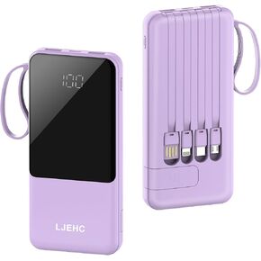 Portable Charger with Built in Cables,10000mAh Slim USB C Power Bank,5 Output 3 Input LED Display High Speed External Battery Pack Travel Phone Charger for iPhone Samsung Pixel LG Moto iPad,Black