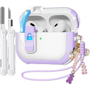 Case for AirPods Pro 2nd/1st Generation Case with Cleaner Kit, Ekoonpft Secure Lock Case for Apple Airpod Pro 2&1 Gen Case Cover with Silicone Wrist Strap Cute Candy Keychain for Women,Purple