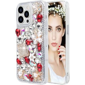 Losin Compatible with iPhone 15 Pro Max Bling Case for Women Girls Cute Luxury 3D Glitter Diamond Crystal Rhinestone Sparkle Shiny Gemstone and Flower Cover Soft TPU Bumper, Black