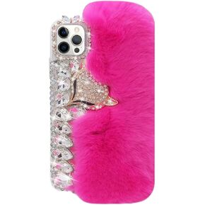 Losin Compatible with iPhone 15 Pro Max Plush Furry Case with Luxury Bling Diamond Rhinestones Cute 3D Fox Head Women Girls Winter Warm Shockproof Protective Cover, Pink