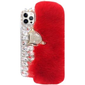 Losin Compatible with iPhone 15 Pro Max Plush Furry Case with Luxury Bling Diamond Rhinestones Cute 3D Fox Head Women Girls Winter Warm Shockproof Protective Cover, Pink in Kuwait