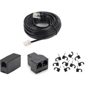 Long Telephone Extension Cord 20FT, Black, Phone Cable Line Wire with Standard RJ11 Plug, 1 Phone Line Splitter, 1 in-line Coupler and 15 Cable Clip Holders for Telephone Calling Communication