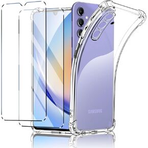 Case for Samsung Galaxy A34 5G+2 Tempered Glass Screen Protector, Soft TPU Case Cover, Bumper with Reinforced Corners, Clear Protection (Transparent)